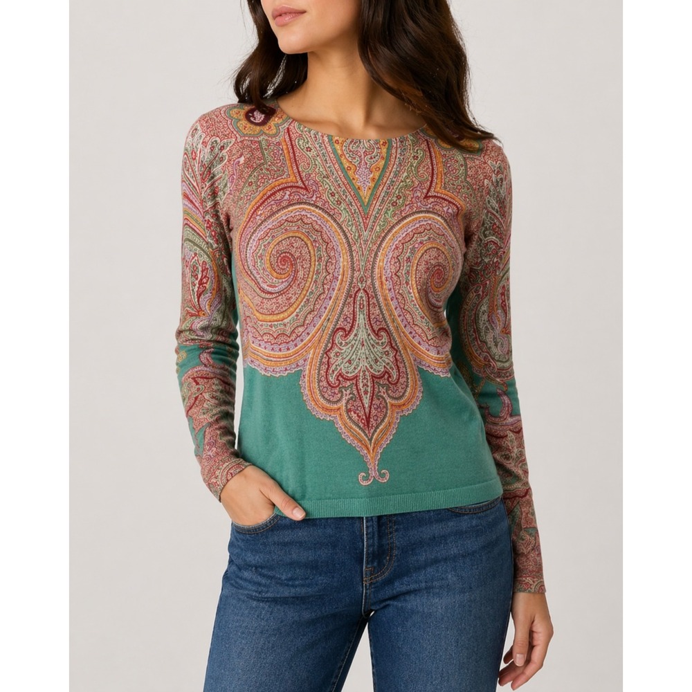 Etro Paisley Silk Cashmere Knit Top Teal Boho Luxe Designer EU40 Sz S Phoebe Y2K